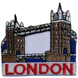 May include: Embroidered patch featuring a brown and white depiction of Tower Bridge in London, with the word "LONDON" in red lettering below.