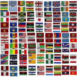 May include: A selection of embroidered flag patches, showcasing flags from around the world, such as Japan, Italy, and the UK. Each patch displays the flag's design with detailed stitching and bright colours. The patches are rectangular and suitable for sewing or ironing.