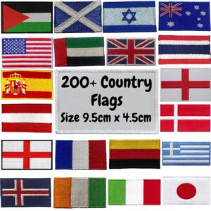 Puede incluir: Una colección de banderas de países bordadas, incluyendo España, Reino Unido y Japón. Un parche central dice "200+ Country Flags" y mide 9.5cm x 4.5cm. Las banderas son rectangulares y presentan varios colores y diseños.