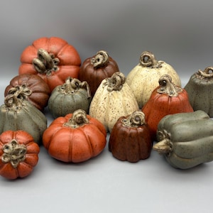 May include: A collection of thirteen ceramic pumpkins in various sizes and shapes. The pumpkins feature glazed finishes in shades of orange, brown, cream, and sage green, each topped with a small, curled, dark brown ceramic stem.