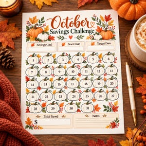 Puede incluir: Una hoja de seguimiento October Savings Challenge en papel blanco con ilustraciones de calabazas naranjas y blancas, hojas de otoño y círculos numerados del 1 al 31. Incluye campos para objetivo de ahorro, fechas, total ahorrado y notas.