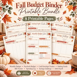 May include: A Fall Budget Binder printable bundle featuring 8 pages with autumn leaf motifs. Includes trackers for paychecks, sinking funds, bills, cash envelopes, monthly budgets, savings challenges, and debt, all in a standard letter size PDF format.