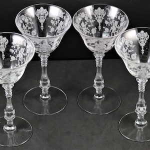 Set of 4, Cambridge, Rose Point Etch, Line No. 3121, Cocktail Stems, made 1936-53