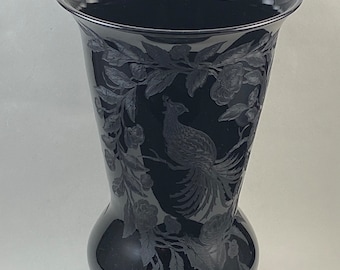 Cambridge, No. 782, Ebony, 8 3/", Vase, with No. 736 Peacock Etch, made 1930's