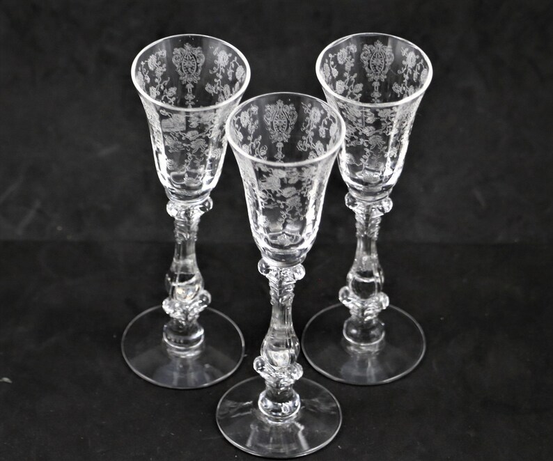 Set of 3, Cambridge, Rose Point Etch, Line No. 3121, Cordial Stems, made 1936-53 image 2