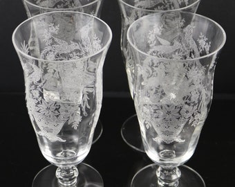 Set of 4, Tiffin Persian Pheasant Etch, Ice Tea Tumblers, made by Tiffin during the 1945-66