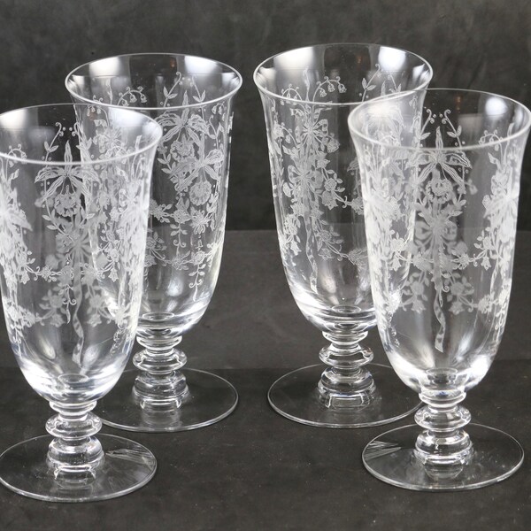 Set of 4, Heisey, Orchid Etch No. 507, Line No. 5089, Princess Stem, 12 ounce Ice Tea Tumblers, made 1940-57