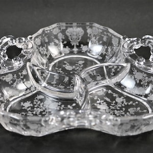 Cambridge, Rose Point Etch,  3 Part Relish Dish, No 3400/91, made 1937-53