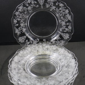Set of 4, Cambridge, Rose Point Etch,  8 1/2" Inch, Salad Plates, No. 3400/62, made 1937-53