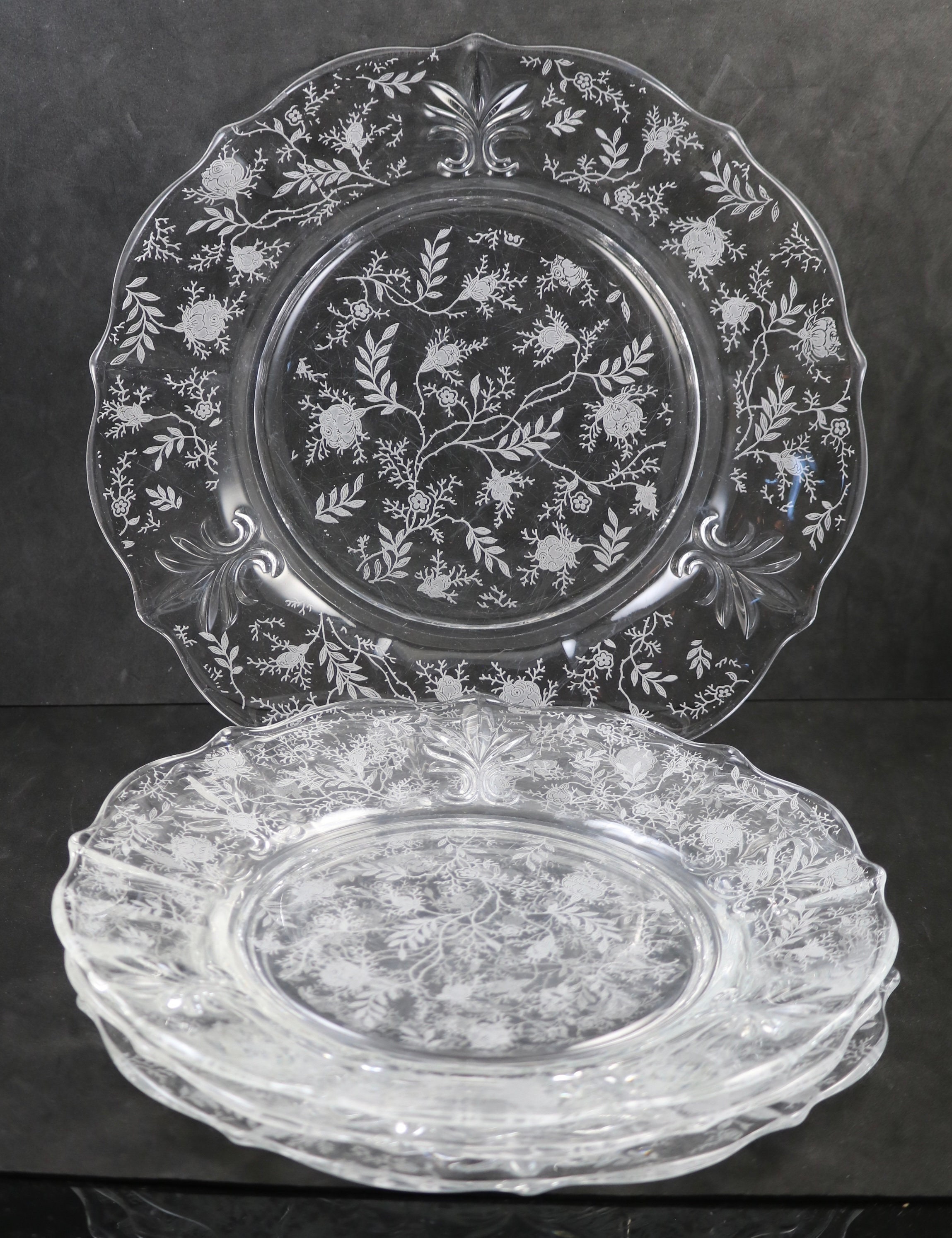 Set of 4, Fostoria, Chintz Etch No. 338, 9 1/2", Dinner Plates, made 1940-77