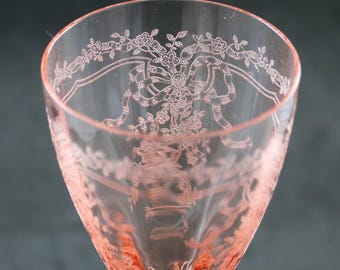 Fostoria, June Etch No. 279, Pink, 8 1/4&quot;, Water Goblet, made 1928-40 (7 available)