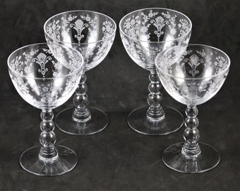 Set of 4, Duncan & Miller, First Love Etch, 4 1/2", 3 oz., Cocktail Stems, made 1937-45