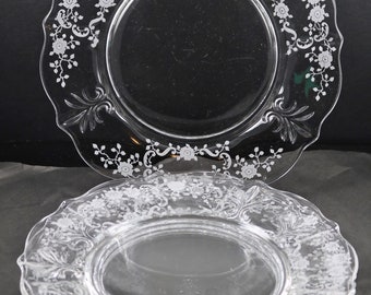 Set of 4, Meadow Rose, Etch No 328, 9 1/2&quot;, Dinner Plates, made by Fostoria Glass Co., 1937-82