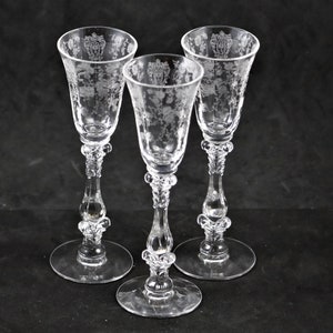 Set of 3, Cambridge, Rose Point Etch, Line No. 3121, Cordial Stems, made 1936-53