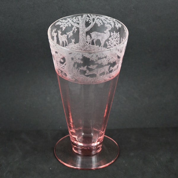 Deerwood aka Birch Tree, Pink, Footed, 6", Tumbler, made by US Glass Co., Tiffin Division, 1923-33