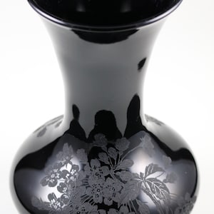 Paden City Ardith Etch No. 511, on 8 Inch Ebony, O&#39;Kane Blank, Vase, made 1930&#39;s