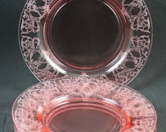 Set of 4, Central Glass Works, Morgan Etch No. 412, Pink, 7 1/2", Round Plates, no optic, made 1928-34