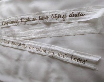 Calligraphy wedding bouquet ribbon | Handfasting ribbon | Personalised, handwritten, decorative ribbon | Up to 10 words on each end