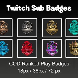 May include: A set of eight Twitch and Call of Duty ranked play badges. The Twitch badges feature a snake design in various colors, including bronze, silver, gold, teal, and blue. The Call of Duty badges feature a skull with a crown and a number 250, and a snake design in red, purple, and blue.