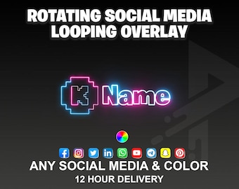 Superposición de redes sociales giratorias de neón animada personalizada en el tercio inferior para Twitter Twitch Tiktok Discord Instagram Youtube
