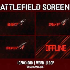 Op de afbeelding: Een donkerrode afbeelding met de woorden "BATTLEFIELD SCREENS" in het wit. Hieronder vier verschillende schermen met rode tekst: "BE RIGHT", "STREAM END", "STREAM START" en "OFFLINE". De resolutie is 1920x1080.