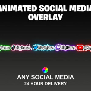 Könnte beinhalten: Animierter Social-Media-Overlay mit Symbolen für YouTube, TikTok, Twitter, Twitch und Instagram. Der Text "Playitonce" erscheint in jedem Symbol. Der Text "ANY SOCIAL MEDIA" und "24 HOUR DELIVERY" ist ebenfalls enthalten.