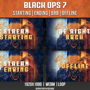 Superposiciones animadas para transmisiones de Black Ops 7 / Empezando pronto, Vuelvo enseguida, Finalizando, Pantallas sin conexión