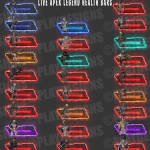 Könnte beinhalten: Eine Sammlung digitaler Gesundheitsbalken für das Spiel Apex Legends. Jeder Balken zeigt ein Charakterbild, eine Gesundheitsanzeige und den Text "PLAVITONCE". Die Balken sind mit leuchtenden Neon-Effekten in verschiedenen Farben wie Blau, Rot, Orange und Lila umrandet.