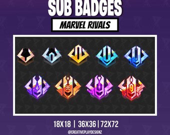 Insignias de suscriptor estilo rango de Marvel Rivals para Discord/Twitch/YouTube/TikTok