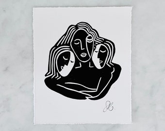 Mutter und Kinder - Mutterschaft / Familie Linoldruck Wandkunst - Geschenk für Mama - Wohnkultur