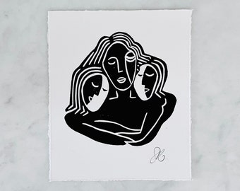 Mother and Children - Motherhood / Family Lino Print Wall Art - Gift for Mum - Home Decor