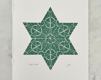 Green Star - A4 Lino Print Wall Art - Christmas Art, Festive Wall Art, Holiday Print