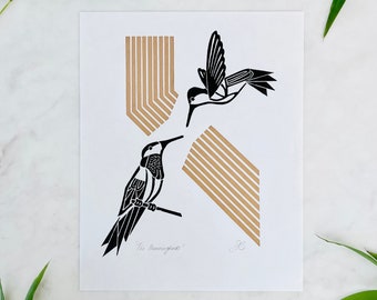 Hummingbird print in black and gold - “The Hummingbirds” - 8 x 10 inch Wall Art - Hummingbird Lino Print
