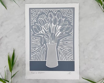Tulips in Greyscale - Tulip Lino Print, A4 Original Wall Art - Botanical Flower Print, Modern Grey Art for Home Decor and Gift Ideas