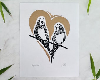 Bird print of budgies in black and gold - “Budgie Love” - 8 x 10 inch Wall Art - Budgie Lino Print, Budgerigar