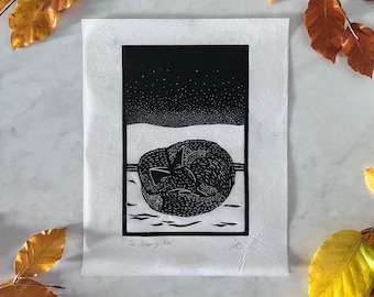 Sleeping Fox in Snow - 8 x 10 inch Wall Art - "The Sleeping Fox" - Lino Print - Black on Natural Paper