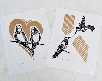 Set of 2 - Bird prints in black and gold - 8 x 10 inch Wall Art - Budgie Lino Print, Hummingbird Lino Print Budgerigar
