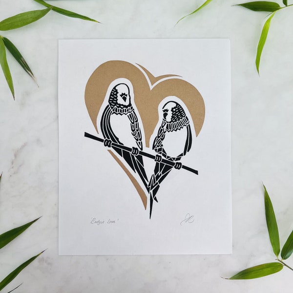 Bird print of budgies in black and gold - “Budgie Love” - 8 x 10 inch Wall Art - Budgie Lino Print, Budgerigar
