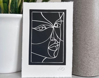 Abstract vrouwelijk gezicht - Maskerade - 4 x 6 inch Lino Print Wall Art