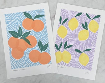 Oranges and Lemons - Set of 2 A4 Prints - Citrus Wall Art, Kitchen and Home Decor, Gift Idea - Limoni di Sicilia - Naranjas de Sevilla -