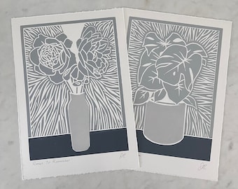 Roses to Remember and Monstera Deliciosa Plant - Set of 2 - A4 Lino Print Wall Art - Grey