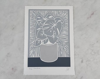 Grey Monstera - A4 Lino Print Wall Art - Monstera Deliciosa - Swiss Cheese Plant