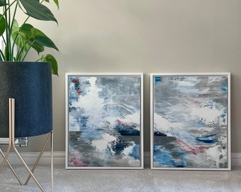 Set of Two Blue, Grey and White Abstract Art Canvases - 17.5 x 21.5 Inches Each