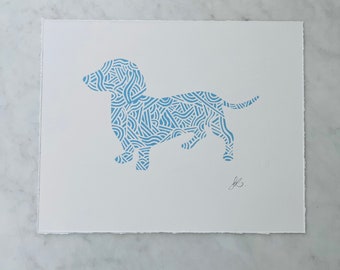 Pastel Blue Dachshund Dog Lino Print - 8 x 10 inch Wall Art