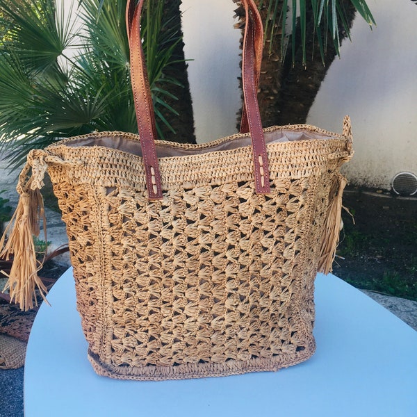 Handmade raffia bag, crochet handbag, openwork bag