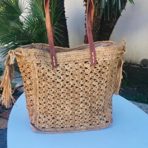 Crochet raffia bag, openwork handbag