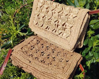Handmade raffia bag, crocheted shoulder bag