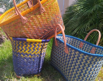 Straw basket tote, shopping basket, market or beach basket