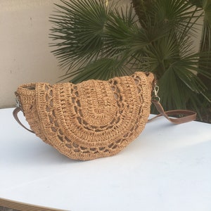 Handmade raffia bag, crocheted shoulder bag