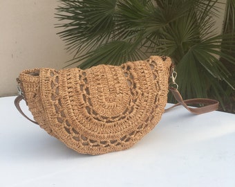 Handgemaakte raffia tas, gehaakte schoudertas